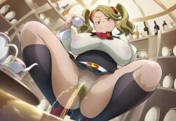 ai_generated bare_legs beige_hair brown_eyes gigantic_breasts golden_shower gundam_build_fighters_try huge_breasts huge_thighs in_search_of_holy_water light-skinned_female light_skin looking_down low-angle_view massive_breasts panties peeing peeing_on_floor peeing_on_viewer sazaki_kaoruko school_uniform schoolgirl smiling solo_female squatting sweat sweatdrop thick_body thick_female thick_thighs thighhighs thighs twintails urinating urinating_female urination urine voluptuous