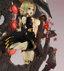 bare_shoulders blonde_hair blush breasts breasts_out censored clothing female helpless highres imminent_penetration imminent_rape imminent_sex kawanakajima leotard leotard_aside monster nipples open_mouth phantasy_star phantasy_star_online_2 pointy_ears pussy pussy_juice rape red_eyes restrained saliva short_hair solo spread_legs sweat tears tentacle torn_clothes