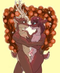 after_kiss anthro antler_removal antlers ass bazengo bodily_fluids brown_body brown_fur butt_grab cut_antlers deer duo femboy feminization frottage fur genitals hand_on_butt heart_background hi_res horn horn_removal hug humanoid_genitalia humanoid_penis intraspecies larger_male male male/male mammal nipple_piercing nipples nose_to_nose nude penile penis penis_size_difference piercing saliva saliva_string scut_tail sex short_tail simple_background size_difference small_penis smaller_male tail tongue tongue_out