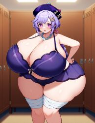 ai_generated blush changing_room genshin_impact gigantic_breasts gigantic_penis hands_on_hips knees_together_feet_apart lace_trim lingerie necklace qiqi_(genshin_impact) stable_diffusion thick_hips thick_thighs wide_hips worried