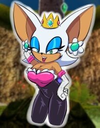 anthro anthro_only big_breasts breasts cleavage cosplay crown dress earrings furry furry_only green_eyes lipstick mario_(series) nintendo princess_daisy_(cosplay) rouge_the_bat rougethedaisy sega solo solo_female solo_focus sonic_(series) white_fur