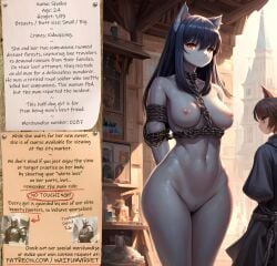 ai_generated anime bondage bounty_hunters canine chains collar cute dark_hair dog_ears edited fantasy female fictional grey_skin market naked nude orange_eyes photoshop roleplay slave slavegirl slavery small_boobs small_breasts small_tits waifu waifumarket