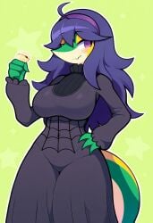 absurd_res ahoge ai_generated anthro big_breasts blush breasts clothed clothing dress female fingers generation_5_pokemon green_background hair hand_on_hip hellsonger hi_res long_hair looking_at_viewer nintendo pokemon pokemon_(species) purple_eyes purple_hair simple_background smile snex_maniac snivy solo spiral_eyes sweater