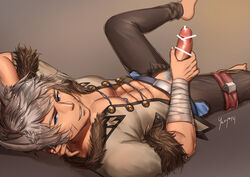 1boy abs animal_ears bandage bar_censor blue_eyes borrowed_character censored erection facial_marks fur_trim looking_at_viewer male male_only penis pubic_hair short_hair silver_hair smile solo yuuya181