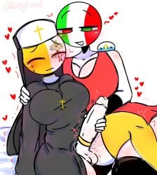 1futa 1girls big_breasts big_penis bottomless closed_eyes clothed clothing cock_ring countryhumans countryhumans_girl duo embarrassed erection female futa_on_female futanari hand_on_shoulder handjob italy_(countryhumans) kak0yt0_chel leg_over_leg mostly_clothed multicolored_eyes necklace nun nun_outfit on_bed penis san_marino_(countryhumans) sitting thick_thighs thighhighs vatican_city_(countryhumans)