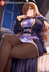 ai_generated breasts_apart brown_eyes brown_hair crossed_legs curvy from_below kono_subarashii_sekai_ni_shukufuku_wo! large_breasts mature_female milf mommy one_eye_covered pantyhose primosan robe sitting wiz_(konosuba)