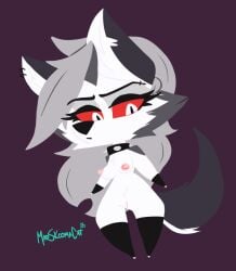 animated anthro blinking canid canid_demon canine chibi clothing collar demon ear_piercing eyebrow_piercing eyelashes facial_piercing female fingerless_gloves fur genitals gloves grey_hair hair handwear hellaverse hellhound helluva_boss legwear long_eyelashes long_hair long_tail looking_at_viewer loona_(helluva_boss) makeup mammal mascara msc_cat mythological_canine mythological_creature mythology nipples nude piercing pink_nipples pointy_ears red_eyes serious serious_face solo spiked_collar spikes standing stockings tail vulva white_body white_fur