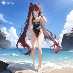 ai_generated beach genshin_impact hu_tao_(genshin_impact) long_hair ministro one-piece_swimsuit red_eyes swimsuit twintails water