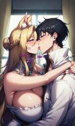 1boy1girl ai_generated blonde_hair blue_eyes blush dark_hair glenn_litbeit kissing razorthreat tisalia_scythia