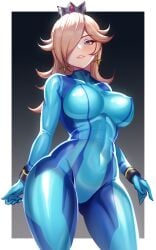 1girls blonde_hair bodysuit breasts crown earrings erect_nipples erect_nipples_under_clothes long_hair looking_at_viewer mario_(series) metroid nintendo one_eye_obstructed perky_breasts princess_rosalina samus_aran_(cosplay) skin_tight smile solo solo_female star_earrings tight_clothing volyz wristband zero_suit