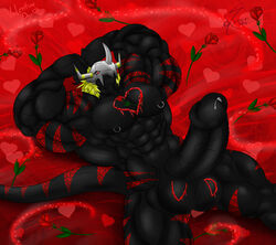 1boy 2014 abs anthro biceps big_muscles big_penis black_skin blackwargreymon digimon erection flexing flower hair horn hyper male male_only muscles nipples nude pecs penis piercing pose reptile saixyuniz-xynz scalie solo testicles valentine's_day veins veiny_penis