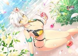 ass bare_arms bare_belly bare_legs bare_shoulders bare_thighs beach big_breasts bikini black_bikini blush body_blush breasts cleavage flower flower_in_hair ice_cream marvelous miyabi_(senran_kagura) necklace official_art open_mouth outdoors senran_kagura senran_kagura_new_link senran_kagura_shinovi_versus shiny_skin short_hair sitting smile thighs white_hair yaegashi_nan yellow_eyes