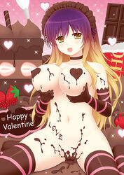 blonde_hair breast_grab breast_lift breasts chocolate chocolate_cake chocolate_clothes chocolate_heart cpu_(hexivision) female gradient_hair heart heart_pasties hijiri_byakuren large_breasts long_hair multicolored_hair nude open_mouth pasties purple_hair solo thighhighs touhou valentine yellow_eyes