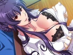 big_breasts black_bra bra breast_grab breasts cleavage erect_nipples female game_cg highres huge_breasts long_hair looking_at_viewer purple_hair red_eyes saiminjutsu_2 sitting smile sweat wooden_floor yoshino_keiko