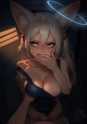 ai_generated biting_finger blue_eyes bombalurina_ai cherry cramped cum_in_pussy cum_inside dark_lighting fox_ears from_above halo hidden_sex indie_virtual_youtuber kirsche_verstahl large_breasts locker locker_room looking_away one-piece_swimsuit one_breast_out penis pov sex stable_diffusion standing_sex stealth_sex swimsuit_aside tight_fit vaginal_penetration virtual_youtuber vtuber white_hair