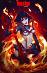 1girls black_hair blue_eyes breasts eyeliner eyeshadow female fire highlights hourglass_figure kill_la_kill kneeling lavah lipstick makeup matoi_ryuuko navel red_hair scissor_blade senketsu short_hair sitting skirt solo suspenders thigh_boots two_tone_hair underboob weapon