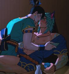 abs animal_ears aphelios big_pecs blush blush_lines clothed clothing gay league_of_legends male male_focus male_only muscular muscular_male necklace nipples pecs romantic scar scar_on_nose sett sett_hd spirit_blossom_springs_aphelios_prestige_edition spirit_blossom_springs_sett sweat sweatdrop sweating yaoi