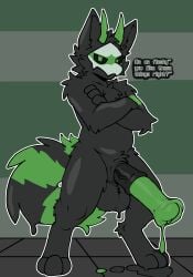 .xil0. absurd_res animal_genitalia animal_penis anthro balls belly crossed_arms dark_latex dominant dripping equine_genitalia equine_penis erection fluffy genitals glistening glistening_body glistening_genitalia glistening_horn glistening_penis goo_creature hi_res horn kinon_(.xil0.) latex male mammal markings mask penis procyonid raccoon simple_background solo striped_markings striped_tail stripes tail tail_markings text