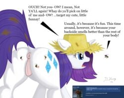 2014 anus arthropod ass bee bee_sting blue_eyes bsting cutie_mark english_text equine female feral friendship_is_magic fur hair horn horse insects long_hair mammal my_little_pony pony purple_hair pussy rarity_(mlp) solo text unicorn white_fur