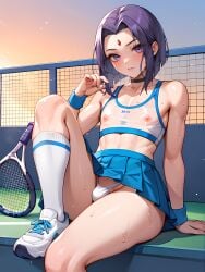 ai_generated athletic athletic_femboy bulge_under_clothes femboy femboy_focus femboy_only g-string penis_in_panties raven_(dc) see-through_clothing skirt skirt_lift sports_bra steaming_body steamy_breath sweat sweaty_body teen_titans tennis_uniform white_clothing white_panties