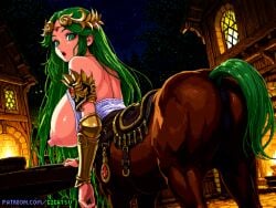 ai_generated armor ass ass_focus breasts centaur from_behind gigatsu green_eyes green_hair kid_icarus looking_back nipples outdoors palutena pixel_art surprised