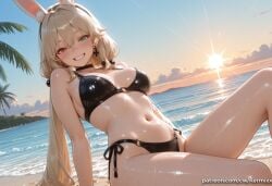 1girl ai_generated alice_thymefield animal_ears bangs bare_shoulders beach bikini black_bikini black_choker blonde_hair blush breasts choker earrings green_eyes grin hair_between_eyes hair_ornament hairband heterochromia jewelry kermixx large_breasts long_hair looking_at_viewer low_twintails navel o-ring ocean orange_eyes outdoors rabbit_ears red_eyes shiny shiny_skin side-tie_bikini_bottom sitting sky smile solo stomach sun sunset swimsuit tree twintails very_long_hair water wet zenless_zone_zero