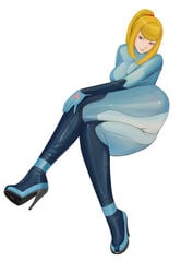 ass blue_eyes bodysuit cameltoe female female_only high_heels human komi lying metroid nintendo samus_aran solo zero_suit zero_suit_samus