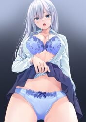 1girls :o absurdres black_skirt blue_bra blue_eyes blue_panties bow bow_panties bra breasts cleavage clothes_lift collarbone collared_shirt commentary_request gradient_background grey_hair highres large_breasts lifting_own_clothes looking_at_viewer open_clothes open_mouth open_shirt original panties partial_commentary pasdar plaid_clothes plaid_skirt pleated_skirt shirt simple_background skirt skirt_lift solo standing underwear white_shirt