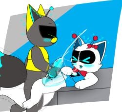 anal anal_sex animal_genitalia animal_penis anthro anthro_on_anthro big_tail blue_penis blush bodily_fluids bow_ribbon canid canine canine_genitalia canine_penis canis closed_eyes colored cum cum_in_ass cum_inside cum_on_face cumshot digital_drawing_(artwork) digital_media_(artwork) domestic_cat domestic_dog duo ejaculation felid feline felis femboy feral feral_on_feral feral_penetrated fluffy fluffy_tail genital_fluids genitals hand_on_chest handjob handjob_while_penetrating heart_symbol hi_res hikiwi internal katie_(hikiwi) knot knotted_penis lying machine male male/male male_penetrated mammal moan open_mouth penetration penile penile_penetration penile_spines penis penis_in_ass robot robot_anthro screen_eyes sex simple_background size_difference spread_legs spreading tail through_wall tongue tongue_out translucent