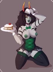 1girls bare_shoulders black_hair black_legwear blush bowtie breasts cake corset crotchless crotchless_clothes detached_collar eyebrow_piercing fangs fefairi female food garter_straps green_eyes green_lipstick green_nipples grey_background grey_skin homestuck horns kneeling lip_piercing long_hair looking_away mole mole_under_eye ms_paint_adventures plate porrim_maryam pubic_hair pussy simple_background solo tattoo thighhighs troll wrist_cuffs yellow_sclera