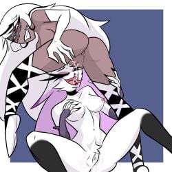 avian_humanoid carmilla_carmine cum_drip cum_in_mouth hazbin_hotel helluva_boss lesbian_sex stella_(helluva_boss)