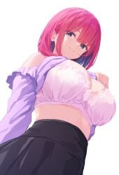 1girls absurdres bare_shoulders black_skirt bra breasts closed_mouth clothes_lift clothing_cutout commentary_request from_below highres lace-trimmed_bra lace_trim large_breasts lifting_own_clothes long_sleeves looking_at_viewer original pasdar pink_bra purple_eyes purple_shirt red_hair shirt shirt_lift short_hair shoulder_cutout simple_background skirt smile solo underwear upper_body white_background