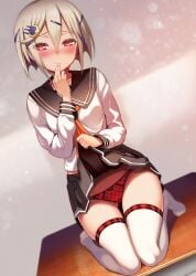 10s bow bow_panties clothes_lift desk dutch_angle female female_focus glint gluteal_fold hair_between_eyes hair_ornament hairclip hand_to_own_mouth highres kneeling lifting_own_clothes light_brown_hair novel_illustration official_art on_desk ookuma_nekosuke panties plaid_clothes plaid_panties pleated_skirt red_eyes red_panties scan school_desk school_uniform serafuku shinmai_maou_no_testament short_hair sitting skirt skirt_lift solo tachibana_nanao thighhighs underwear white_thighhighs