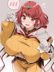 1girls absurdres bodysuit breasts cosplay female gigantic_breasts gloves headpiece highres kurokaze_no_sora nia nia_(cosplay) paw_pose pyra pyra_(xenoblade) red_eyes red_hair short_hair solo spoken_blush swept_bangs tiara xenoblade_(series) xenoblade_chronicles_2 yellow_bodysuit