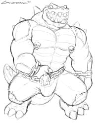 2024 abs anthro bara bodily_fluids bottomwear bulge chains clothed clothing crazydrak crocodile crocodilian dated detailed_bulge drooling front_view full-length_portrait genital_outline hi_res looking_at_viewer male monochrome muscular muscular_anthro muscular_male nipple_piercing nipples open_mouth pecs penis_outline piercing portrait pupils reptile saliva scalie signature simple_background slit_pupils solo topless yaoi
