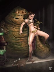 anal anal_insertion anal_penetration armlet being_watched bikini_top boots bracelet chains closed_eyes collar drugged drunk earrings exposed_pussy eyeshadow female footwear hutt imminent_anal interspecies jabba_the_hutt kaztor08 leg_up metal_bikini midriff monster navel princess_leia_organa pussy royalty slave_leia star_wars