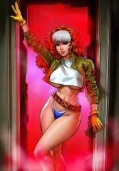 abs bandana belt bikini_bottom_only breasts brian_miroglio clothing crop_top cropped_jacket cropped_shirt curly_hair dark_skin female female female_only gloves headband highleg highleg_panties jacket large_breasts lips long_hair looking_at_viewer marvel marvel_comics multicolored_hair navel no_bra panties red_hair rogue_(x-men) sleeves_pushed_up solo swimsuit thick_thighs thighs toned two-tone_hair underboob underwear white_hair x-men yellow_jacket
