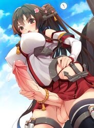 ! 1futa blush breasts brown_eyes brown_hair busty cloudy_sky cum dickgirl elzikyuchi erect_nipples flower from_below full-package_futanari futa_only futanari hair_flower hair_ornament hand_on_hip horny intersex kantai_collection large_penis long_hair looking_at_viewer masturbation mofuringu nipple_bulge open_mouth penis penis_under_skirt ponytail solo testicles thighhighs tied_hair uncensored veins veiny_penis voluptuous yamato_(kantai_collection) zettai_ryouiki