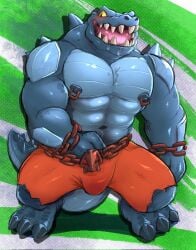 abs abstract_background anthro barazoku blue_body bodily_fluids bottomwear bulge chains clothed clothing crazydrak crocodile crocodilian detailed_bulge dressed drooling front_view full-length_portrait genital_outline hi_res looking_at_viewer male muscular muscular_anthro muscular_male nipple_piercing nipples open_mouth pecs penis_outline piercing portrait pupils red_bottomwear red_clothing reptile saliva scalie slit_pupils solo topless yellow_eyes