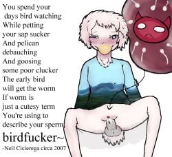 anthro avian beak bird blue_eyes blush bottomless bottomless_anthro clothed clothing duo feathers female genitals gull hair impregnation lari larid lyrics narrowed_eyes neil_cicierega_(copyright) ovum partially_clothed penis pussy sex shirt shirt_only solo sperm_cell teruni-inamor text topwear topwear_only vaginal_penetration white_feather white_hair x-ray_view yellow_beak
