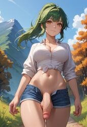 1futa ai_generated amber_eyes balls cleavage denim_shorts flaccid futa_only futanari green_hair jamesbron large_breasts large_penis long_hair looking_at_viewer nature navel no_panties open_shorts outdoors penis ponytail shirt shorts shorts_pull smile solo solo_futa standing thighs white_shirt wide_hips