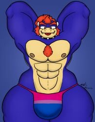 2025 abs anthro biceps big_bulge bisexual_pride_colors blep blue_body body_hair bulge chad_koopa chest_hair clothing collar digital_media_(artwork) fan_character hair hands_behind_back hi_res horn huge_bulge isaiahtse koopa lgbt_pride looking_at_viewer male mario_bros muscular muscular_male nintendo nipples panties pecs pride_colors red_eyes red_hair scalie smile solo spiked_collar spikes thick_thighs tongue tongue_out underwear wide_hips