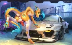 absurd_res animal_genitalia anthro anus anus_focus car claws clothing duo erection footwear foxpit genitals hi_res horn knot kobold legwear legwear_only loksy_(foxpit) looking_at_viewer machine male mammal mazda_rx-7 mostly_nude mythological_creature mythological_scalie mythology pawpads paws penis protogen scalie socks stockings tail vehicle white_clothing white_footwear white_socks