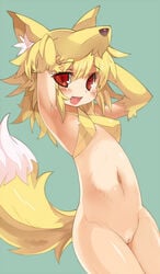 animal_ears beige_skin blonde_fur blonde_hair blush bottomless breasts color elbow_gloves female female_only fox_ears fur furry_tail gloves green_background moonlight_flower navel open_eyes open_mouth pussy ragnarok_online raised_tail red_eyes short_hair simple_background solo standing tail thighhighs tsuderou vulva white_fur