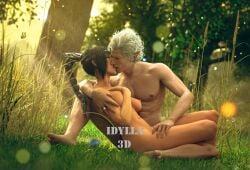 1boy 1girls 3d 3d_render astarion baldur's_gate_3 black_hair braided_hair circlet closed_eyes elf elf_female forest idylla kissing medium_breasts naked nude outdoors shadowheart white_hair