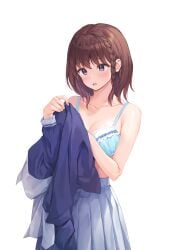 absurdres blue_bra blush bra braid braided_bangs breasts brown_hair cleavage collarbone cowboy_shot d: dressing female frilled_bra frills hair_tie highres holding holding_shirt holding_unworn_clothes looking_at_viewer medium_breasts medium_hair open_mouth original pasdar pleated_skirt purple_eyes purple_shirt school_uniform serafuku shirt simple_background skirt solo underwear unworn_shirt white_background white_skirt