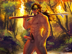 1boy abs bara erection facial_hair forest long_hair male_focus male_only multicolored_hair muscle nature nude okami_(id=1307059) outdoors penis piercing sangokushi_puzzle_taisen solo weapon