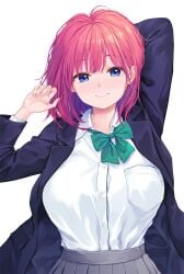 1girls arm_behind_head blazer blue_eyes blue_jacket blush bow bowtie breast_pocket breasts closed_mouth collared_shirt commentary_request cover_image dress_shirt green_bow green_bowtie grey_skirt highres jacket large_breasts long_sleeves looking_at_viewer loose_bowtie medium_hair open_clothes open_jacket original pasdar pleated_skirt pocket red_hair school_uniform shirt simple_background skirt smile solo upper_body white_background white_shirt