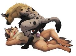 alpha_channel anatomically_correct anatomically_correct_genitalia anatomically_correct_penis animal_genitalia animal_penis anthro anus ass balls brown_body brown_fur canid canine canine_genitalia canine_penis canis crouching digital_media_(artwork) domestic_dog duo erection eyewear eyewear_only fur genitals glasses glasses_only grey_body grey_fur hair hi_res hyaenid_penis hybrid hyena knot knot_root knotted_penis long_penis lying male male/male mammal markings nude nude_anthro nude_male on_back open_mouth penis rear_view simple_background spots spotted_body spotted_fur spotted_hyena tail technesaurus teeth tongue tongue_out transparent_background wearing_glasses wolf