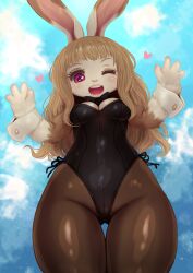 4_fingers anthro black_clothing black_leotard blonde_hair bow_tie breasts brown_body brown_clothing brown_fur brown_legwear brown_pantyhose camel_toe clothing cuffs_(clothing) day female fingers fur hair heart_eyes heart_symbol hi_res lagomorph legwear leotard leporid light_blush looking_at_viewer mammal multicolored_body multicolored_fur one_eye_closed open_mouth pantyhose rabbit rabbit_ears red_eyes sky small_breasts solo tetetor-oort thick_thighs thigh_gap white_body white_fur wink winking_at_viewer